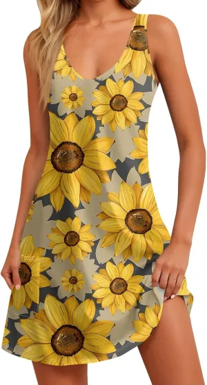 Mini Dresses for Women V Neck Floral Print Mini Dresses Sleeveless Tank Dresses Casual Sundresses Beach Cover Ups