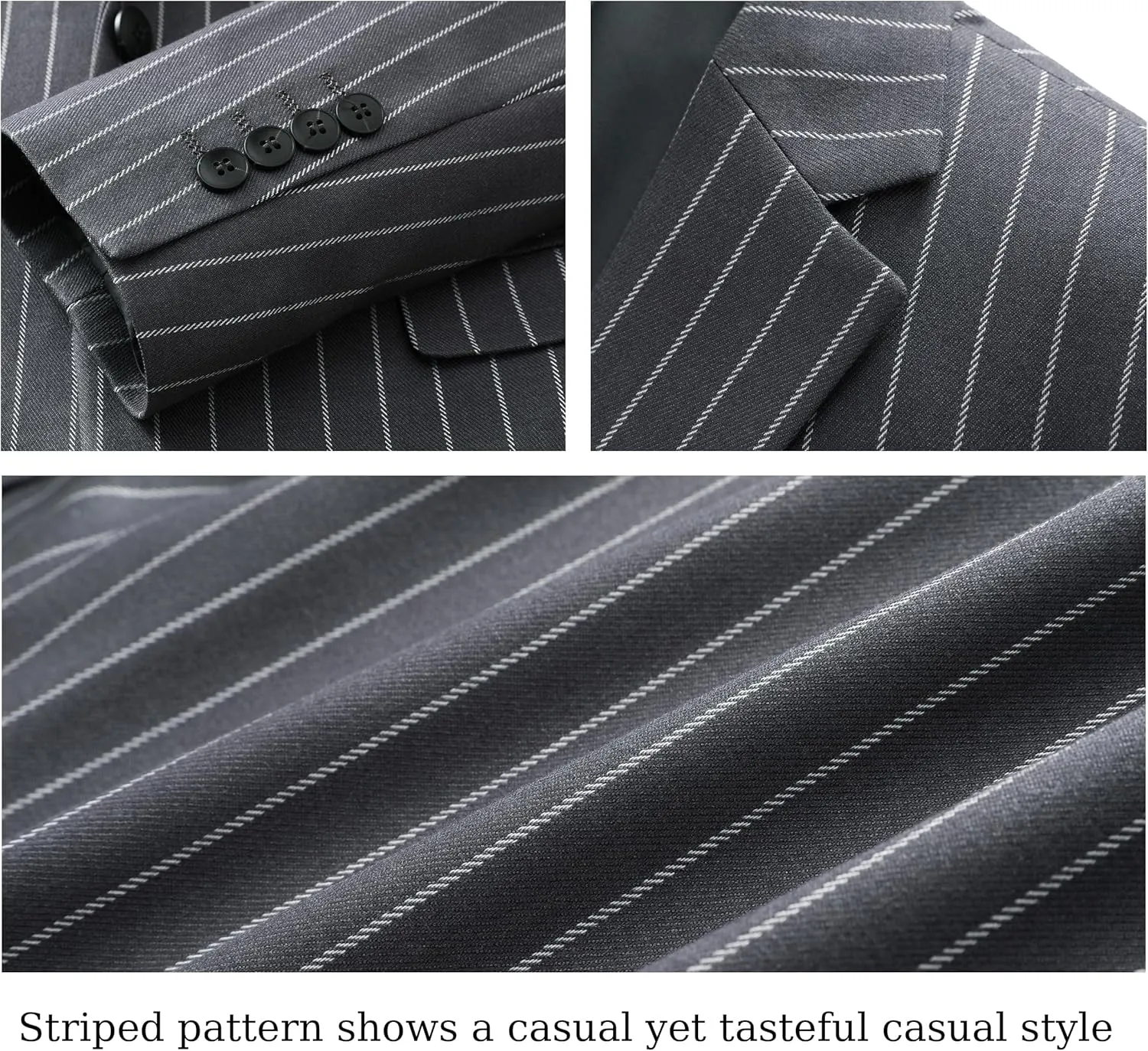 MOGU Mens 3 Piece Pinstripe Suit Slim Fit Double Vents Tuxedo Jacket Vest & Pants Casual Dress Set
