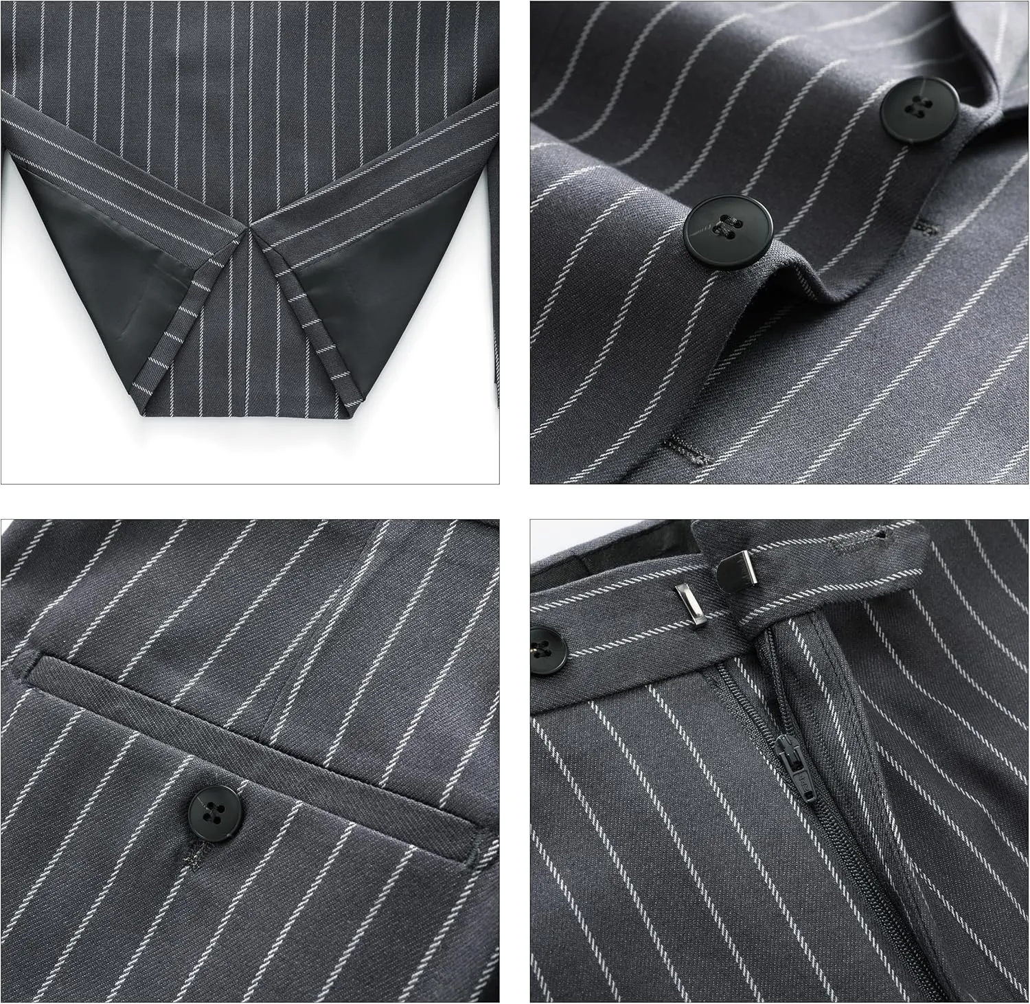 MOGU Mens 3 Piece Pinstripe Suit Slim Fit Double Vents Tuxedo Jacket Vest & Pants Casual Dress Set