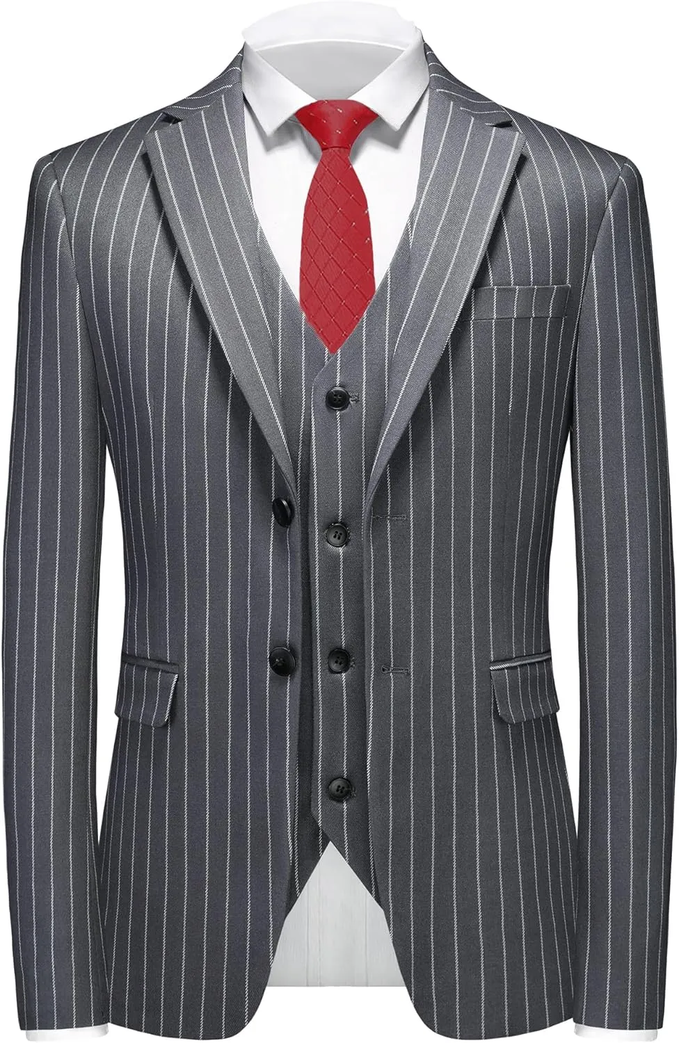 MOGU Mens 3 Piece Pinstripe Suit Slim Fit Double Vents Tuxedo Jacket Vest & Pants Casual Dress Set
