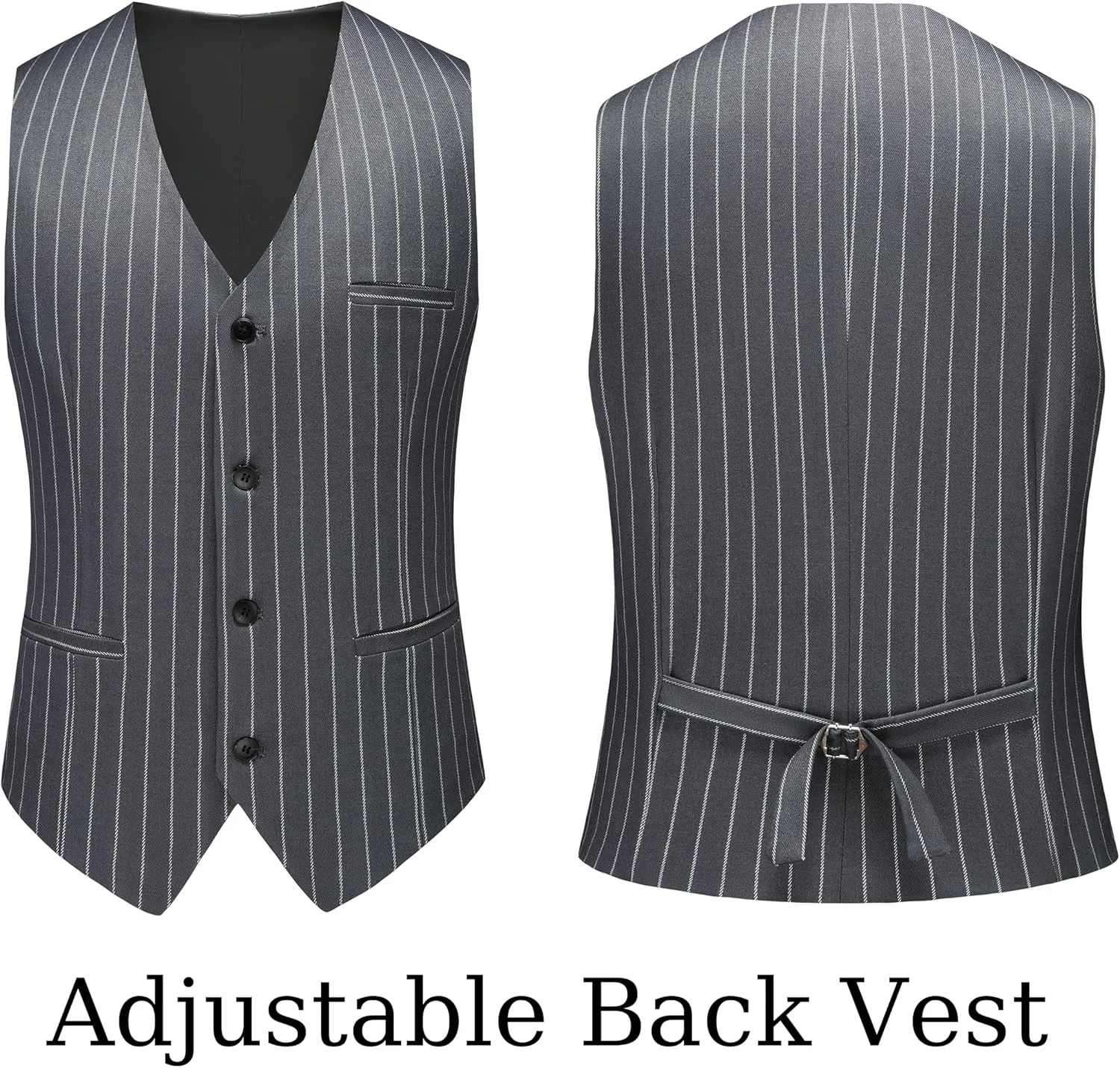 MOGU Mens 3 Piece Pinstripe Suit Slim Fit Double Vents Tuxedo Jacket Vest & Pants Casual Dress Set