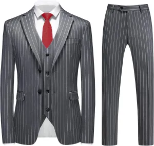 MOGU Mens 3 Piece Pinstripe Suit Slim Fit Double Vents Tuxedo Jacket Vest & Pants Casual Dress Set