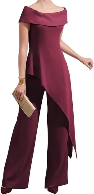Mother of The Bride Pantsuits for Wedding Off Shoulder Chiffon Prom Cocktail Outfit