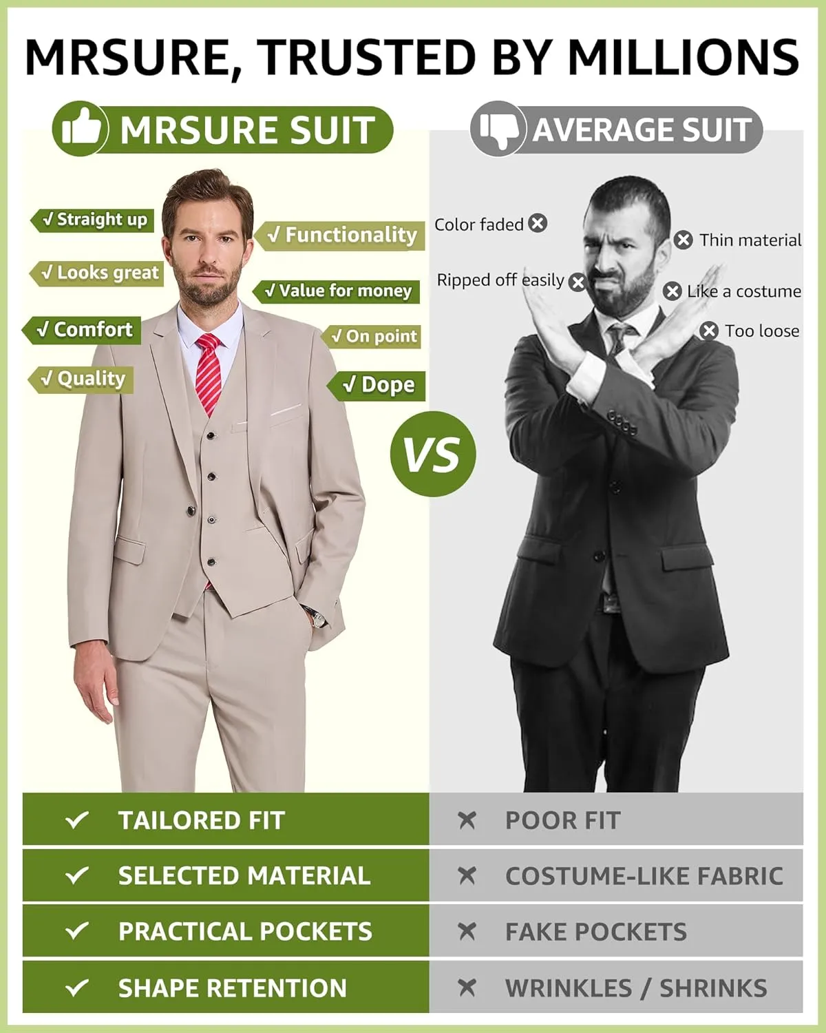 MrSure Mens 3 Pieces Suit, Slim Fit Tuxedo with One Button, Jacket Vest Pants & Tie Set for Party, Wedding and Business