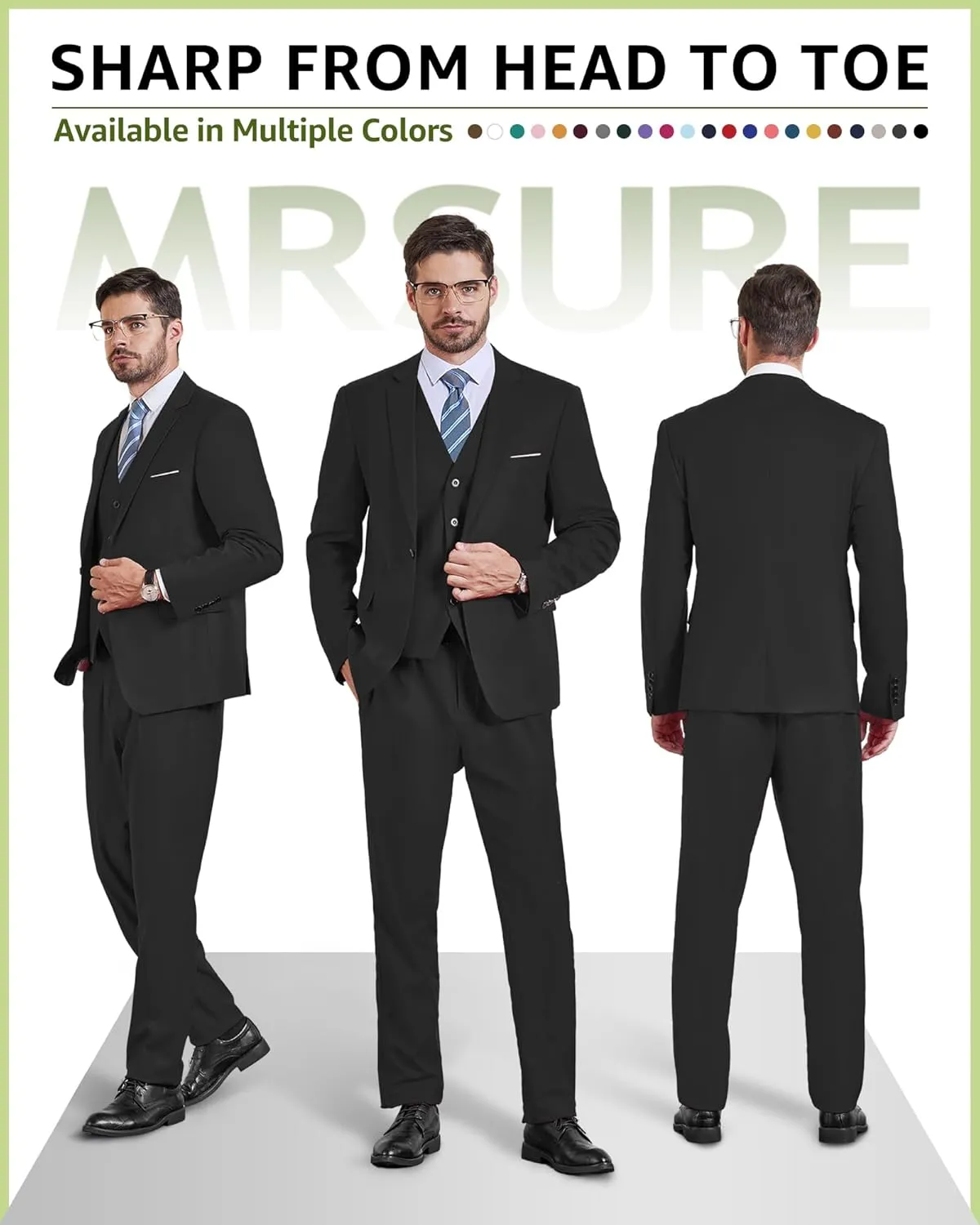 MrSure Mens 3 Pieces Suit, Slim Fit Tuxedo with One Button, Jacket Vest Pants & Tie Set for Party, Wedding and Business