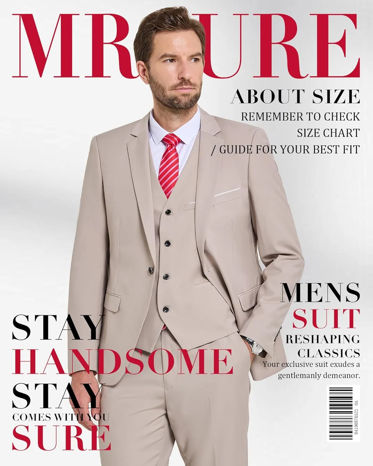MrSure Mens 3 Pieces Suit, Slim Fit Tuxedo with One Button, Jacket Vest Pants & Tie Set for Party, Wedding and Business
