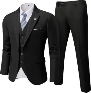 MrSure Mens 3 Pieces Suit, Slim Fit Tuxedo with One Button, Jacket Vest Pants & Tie Set for Party, Wedding and Business