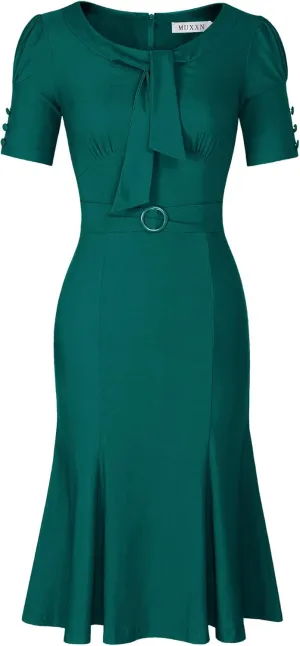 MUXXN Women's Vintage 1950s Midi Crew Neck Short Sleeve Party Cocktail Work Casual Bodycon Dress