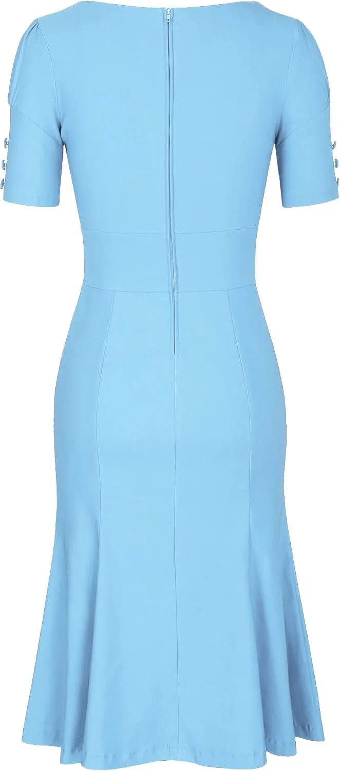MUXXN Women's Vintage 1950s Midi Crew Neck Short Sleeve Party Cocktail Work Casual Bodycon Dress