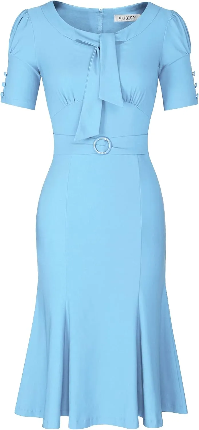 MUXXN Women's Vintage 1950s Midi Crew Neck Short Sleeve Party Cocktail Work Casual Bodycon Dress
