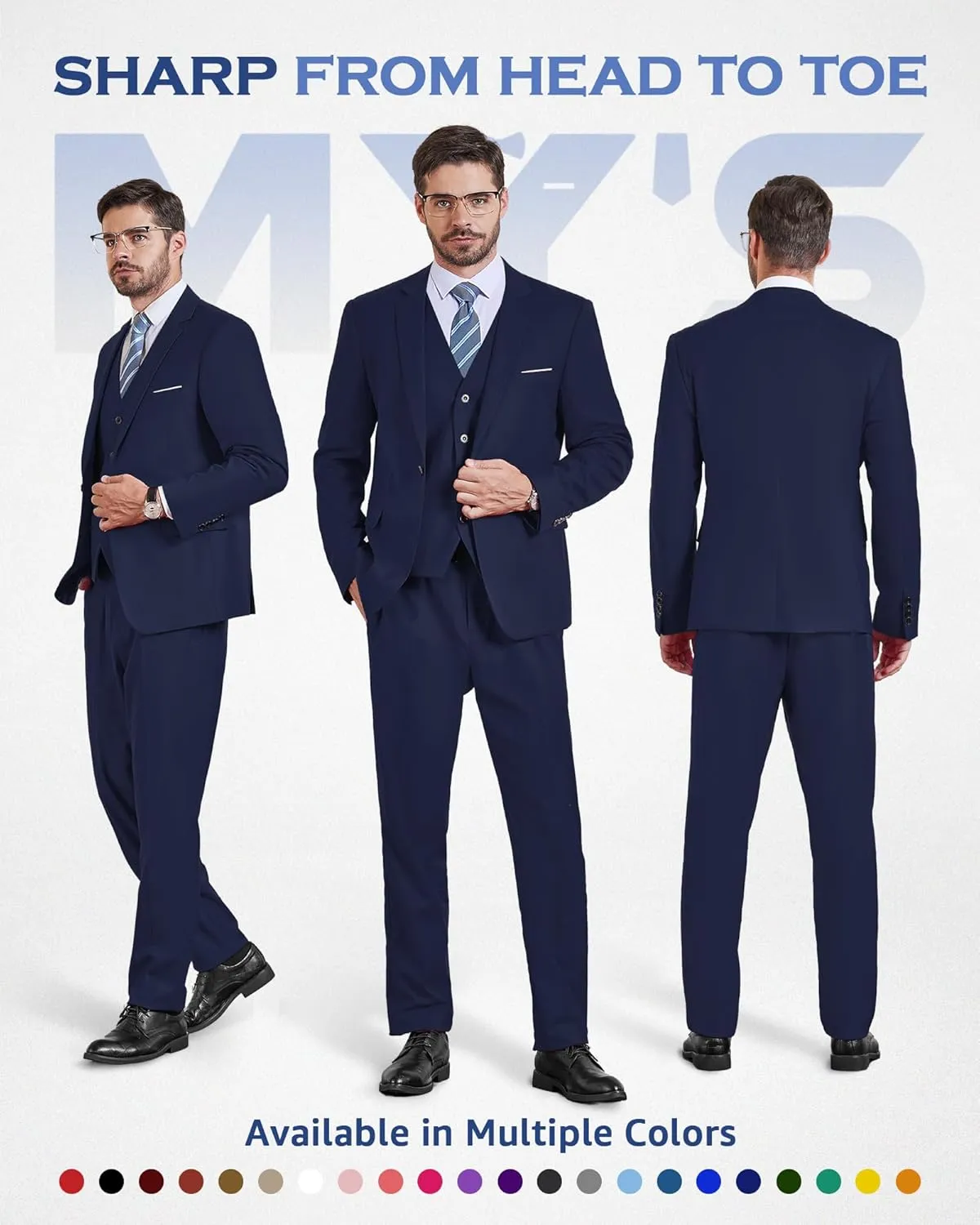 MY'S Men's 3 Piece Slim Fit Suit Set, One Button Solid Jacket Vest Pants with Tie