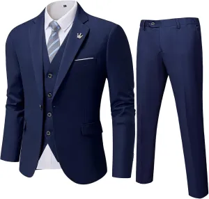 MY'S Men's 3 Piece Slim Fit Suit Set, One Button Solid Jacket Vest Pants with Tie