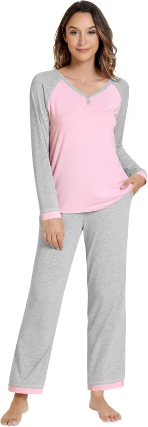 NACHILA Women's Pajamas-Viscose Made from Bamboo, Long Sleeve Pajama Set Soft Pjs Pant Comfy V Neck Sleepwear for Ladies
