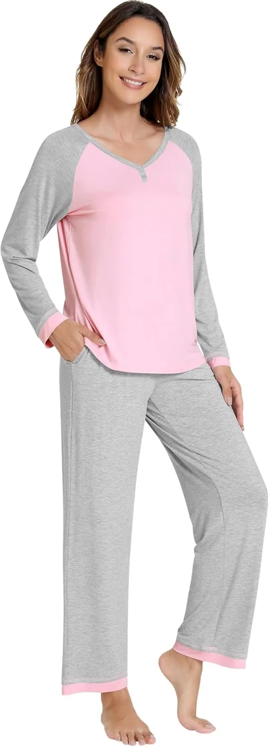 NACHILA Women's Pajamas-Viscose Made from Bamboo, Long Sleeve Pajama Set Soft Pjs Pant Comfy V Neck Sleepwear for Ladies