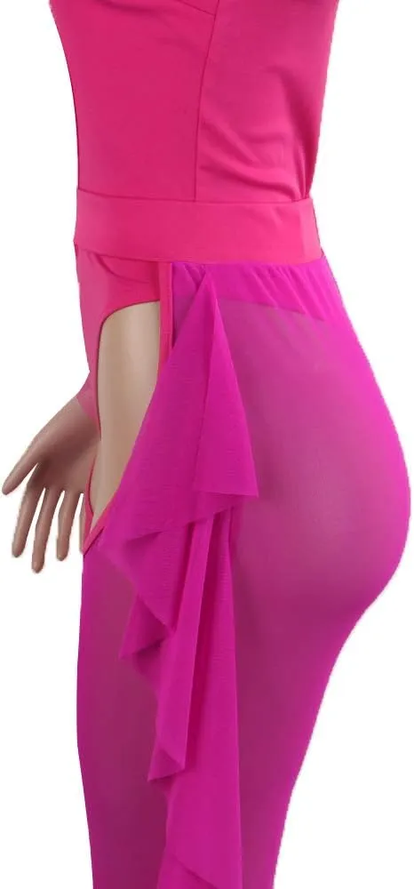 OLUOLIN Women Beading Pearl See Through Sheer Mesh 2 Pieces Outfits Jumpsuits Crop Top and Hollow Out Ruffle Long Pants