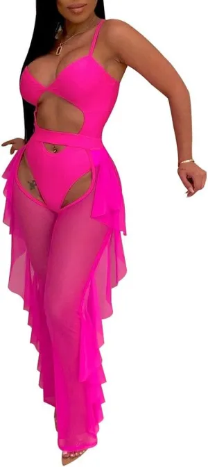 OLUOLIN Women Beading Pearl See Through Sheer Mesh 2 Pieces Outfits Jumpsuits Crop Top and Hollow Out Ruffle Long Pants