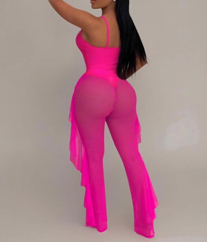 OLUOLIN Women Beading Pearl See Through Sheer Mesh 2 Pieces Outfits Jumpsuits Crop Top and Hollow Out Ruffle Long Pants