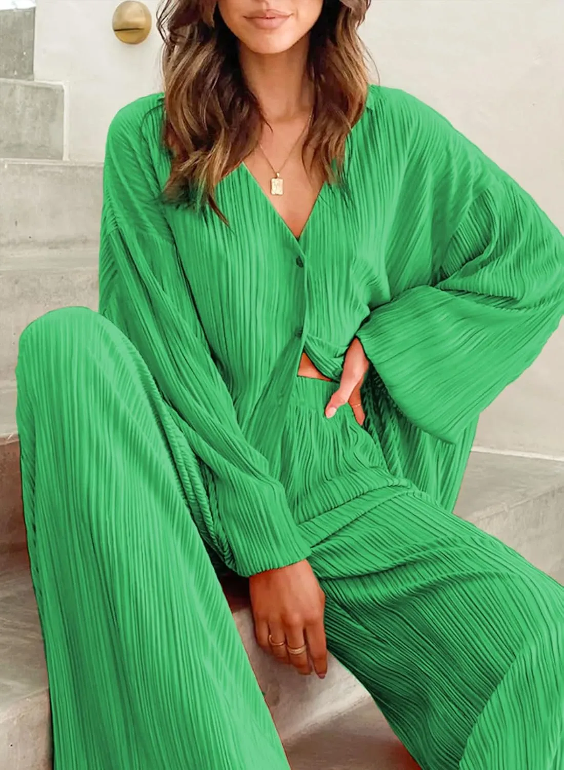 ONIRIKE Womens Loungewear Set 2 Piece Sweatsuits Outfits Casual Pleated Long Sleeve Button Down Shirt and Palazzo Pants
