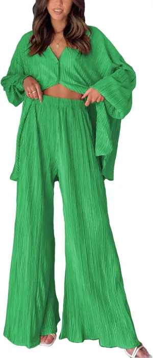 ONIRIKE Womens Loungewear Set 2 Piece Sweatsuits Outfits Casual Pleated Long Sleeve Button Down Shirt and Palazzo Pants