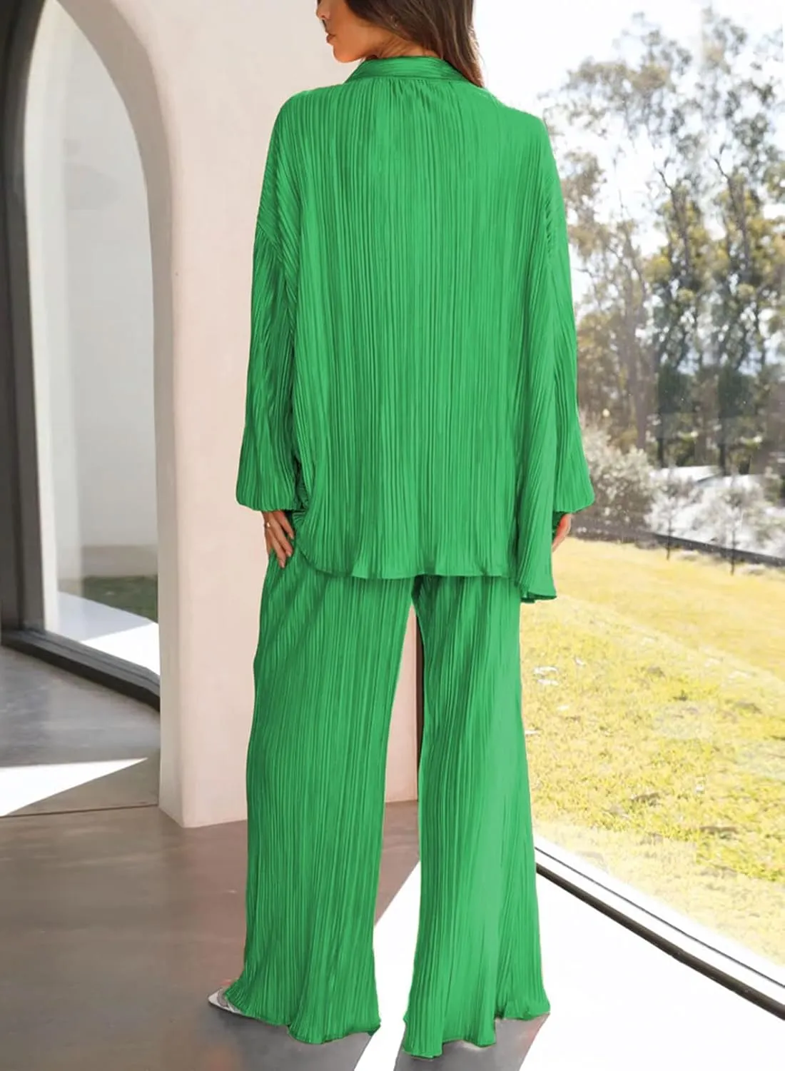 ONIRIKE Womens Loungewear Set 2 Piece Sweatsuits Outfits Casual Pleated Long Sleeve Button Down Shirt and Palazzo Pants