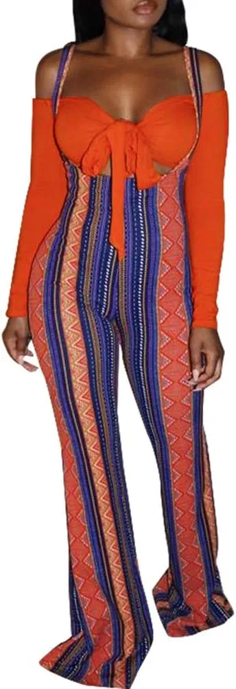 Ophestin Womens Sexy Off Shoulder Tie Crop Top Plaid Print Bell Pants Suspenders Set 2 Piece Outfits Jumpsuits Overalls