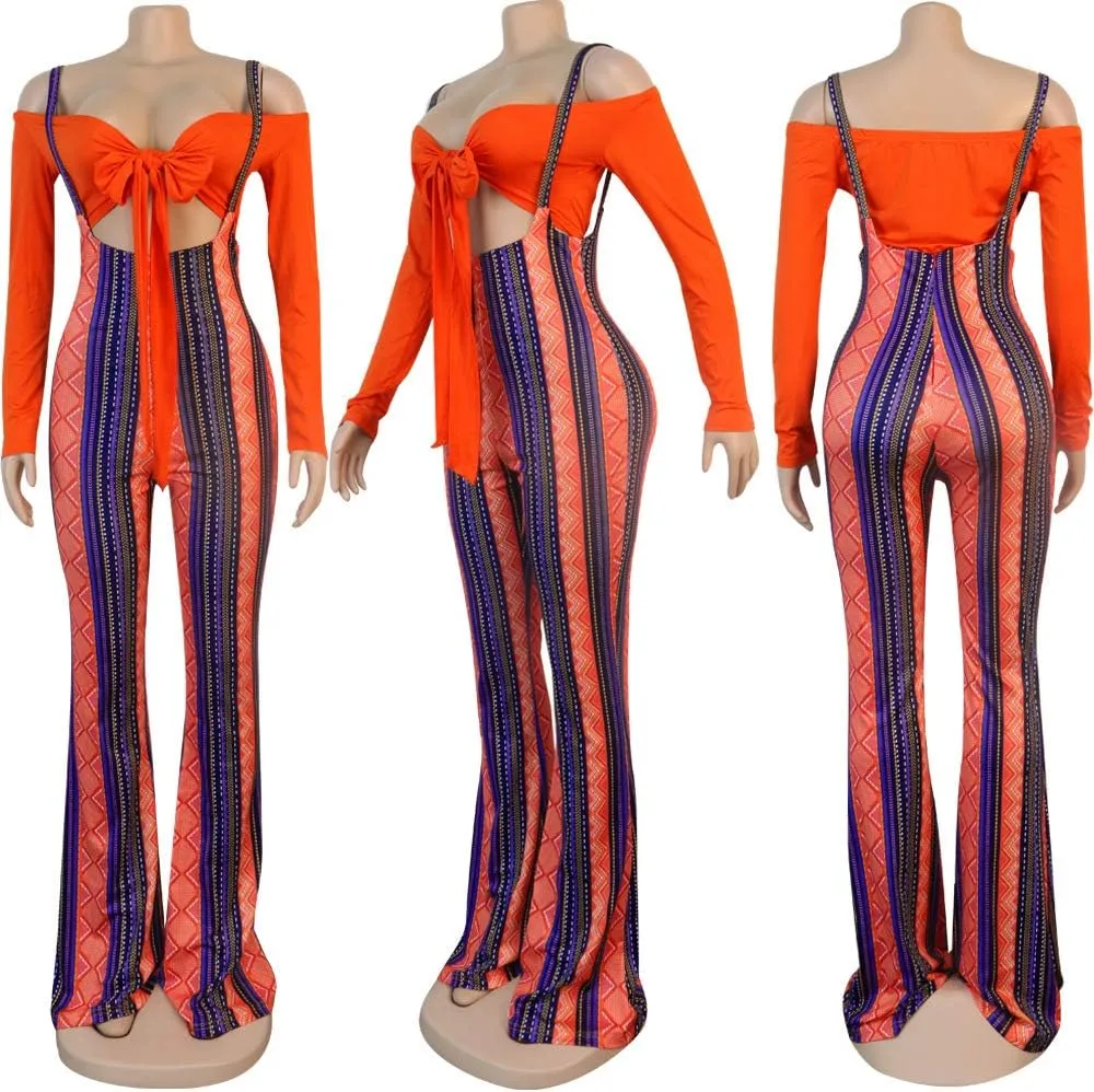 Ophestin Womens Sexy Off Shoulder Tie Crop Top Plaid Print Bell Pants Suspenders Set 2 Piece Outfits Jumpsuits Overalls
