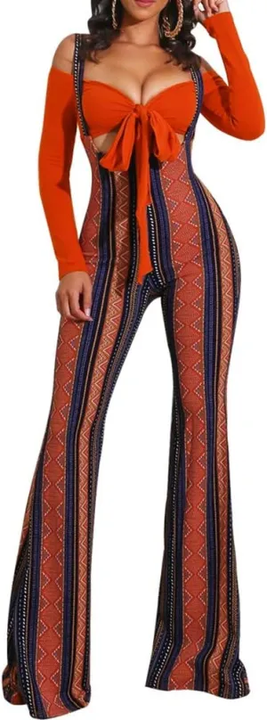 Ophestin Womens Sexy Off Shoulder Tie Crop Top Plaid Print Bell Pants Suspenders Set 2 Piece Outfits Jumpsuits Overalls