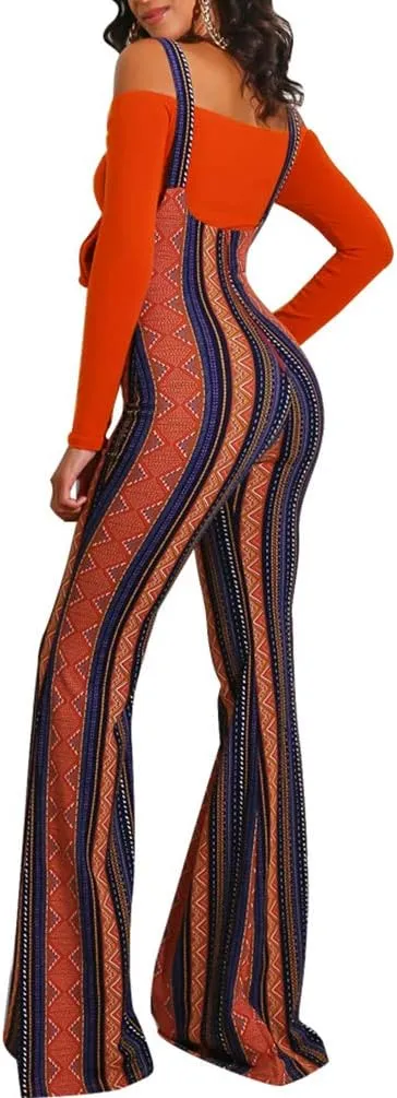 Ophestin Womens Sexy Off Shoulder Tie Crop Top Plaid Print Bell Pants Suspenders Set 2 Piece Outfits Jumpsuits Overalls