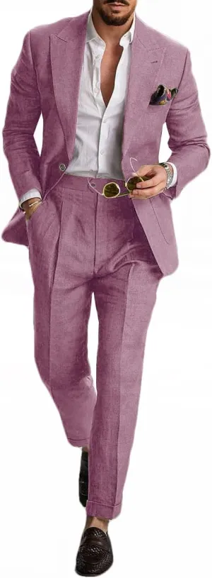 ORBITRAY Men Linen Suit 2 Pieces Wedding Slim Fit Blazer Pant Set Lightweight Summer Wear