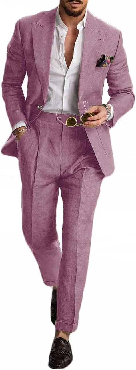 ORBITRAY Men Linen Suit 2 Pieces Wedding Slim Fit Blazer Pant Set Lightweight Summer Wear