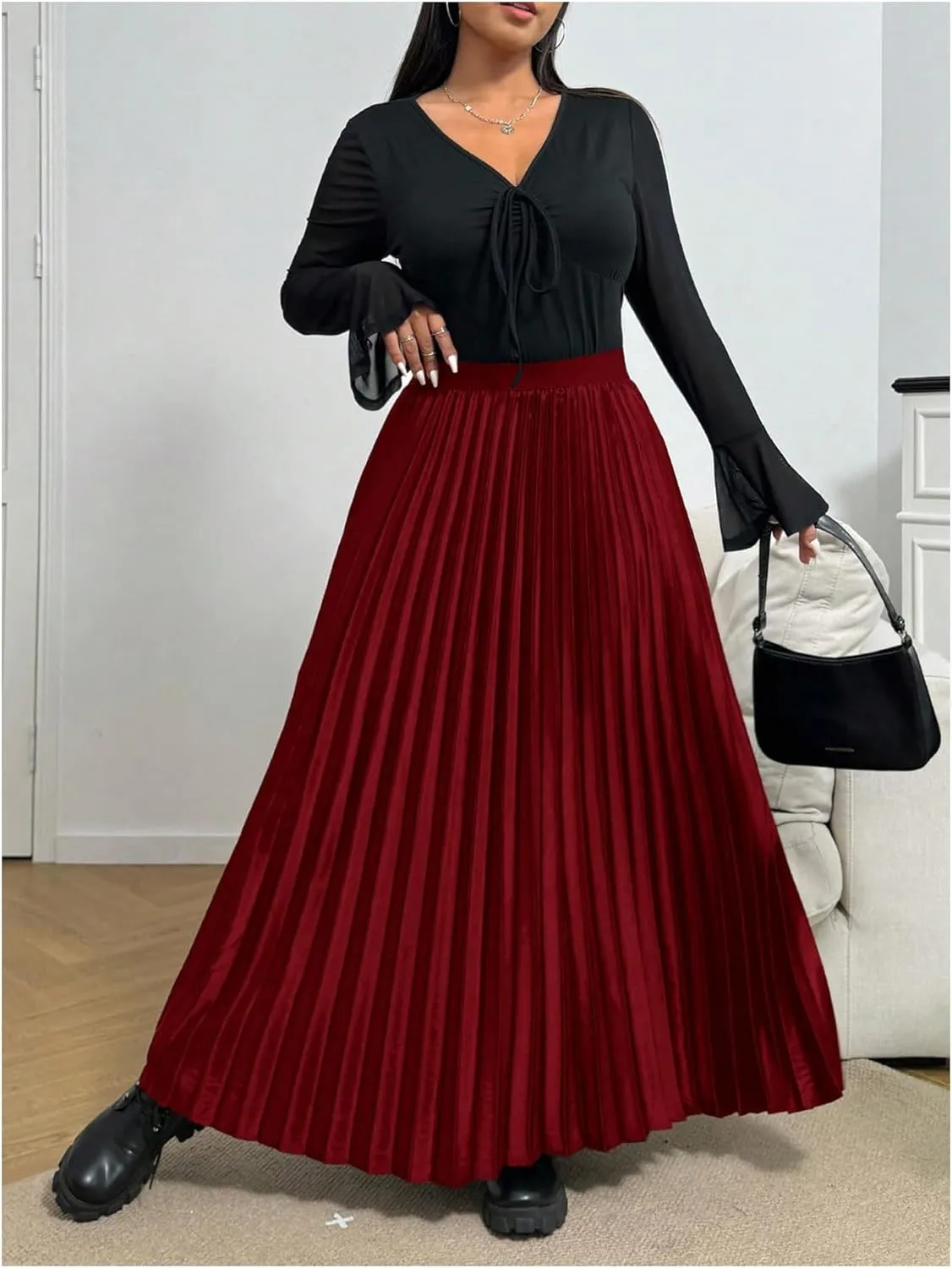 OYOANGLE Women's Plus Size Satin High Waisted Pleated Long Skirt Ruffle Flowy Work Casual Skirts