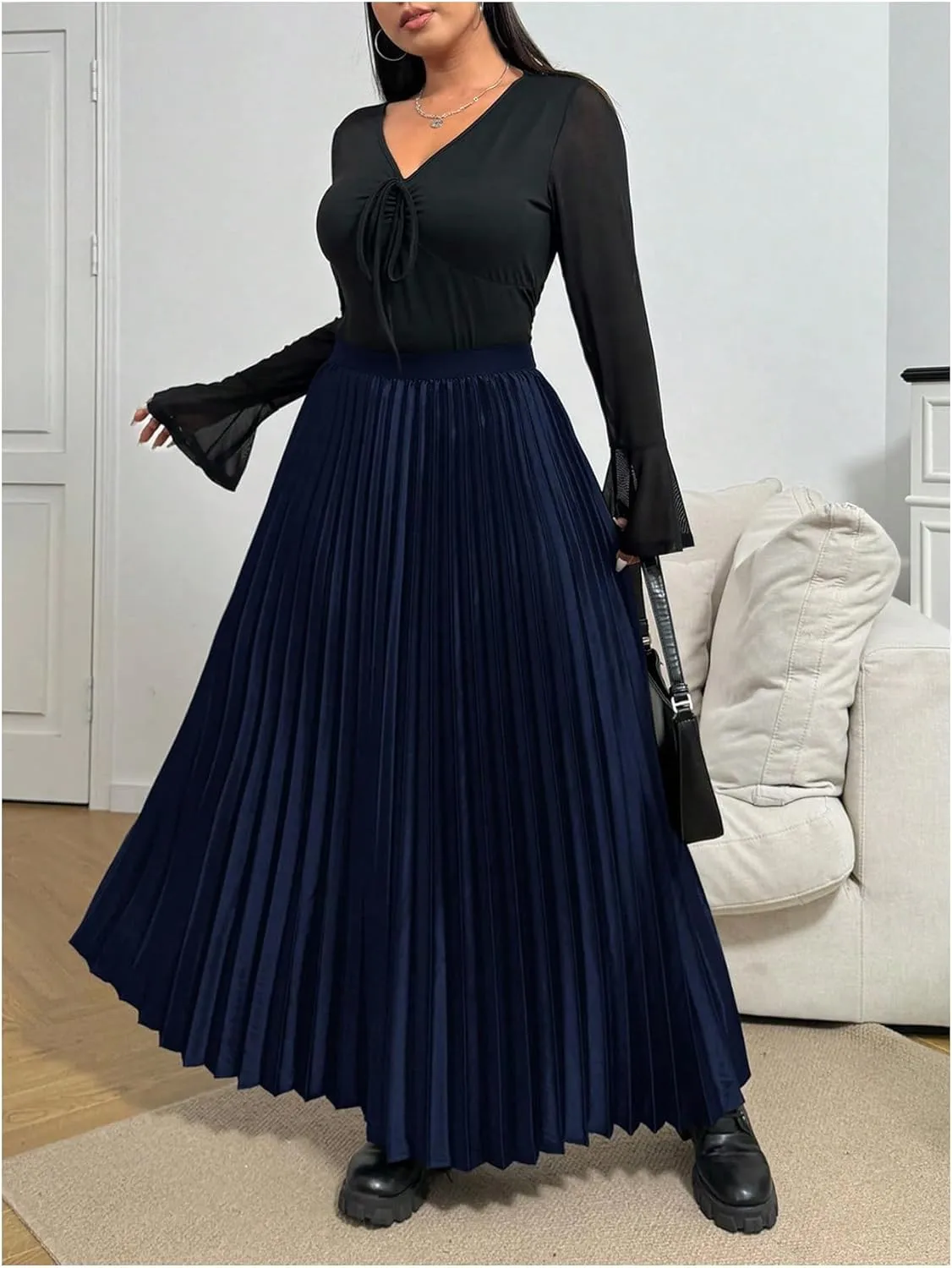 OYOANGLE Women's Plus Size Satin High Waisted Pleated Long Skirt Ruffle Flowy Work Casual Skirts