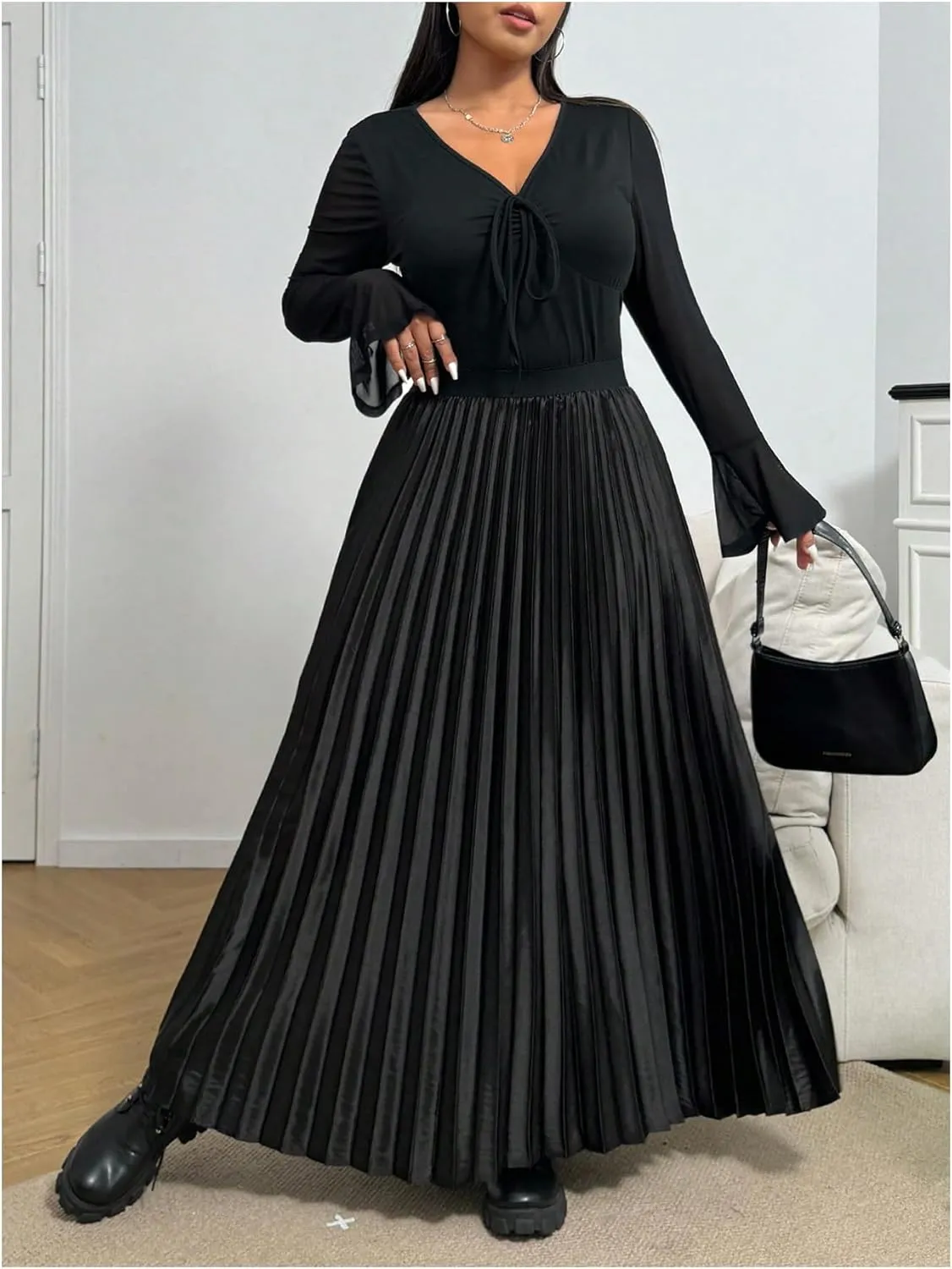 OYOANGLE Women's Plus Size Satin High Waisted Pleated Long Skirt Ruffle Flowy Work Casual Skirts