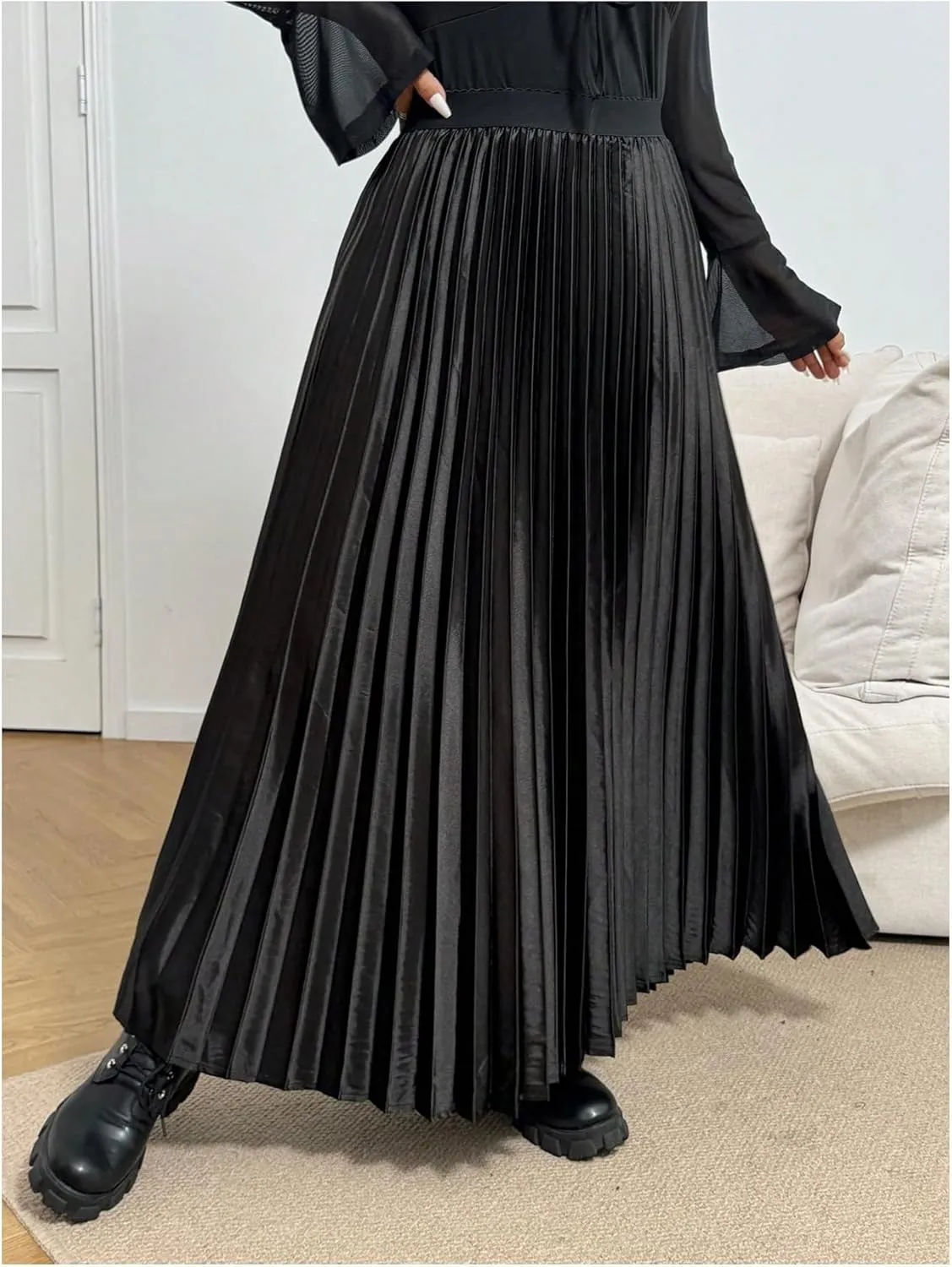 OYOANGLE Women's Plus Size Satin High Waisted Pleated Long Skirt Ruffle Flowy Work Casual Skirts