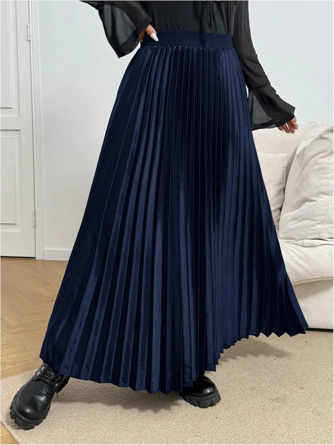 OYOANGLE Women's Plus Size Satin High Waisted Pleated Long Skirt Ruffle Flowy Work Casual Skirts