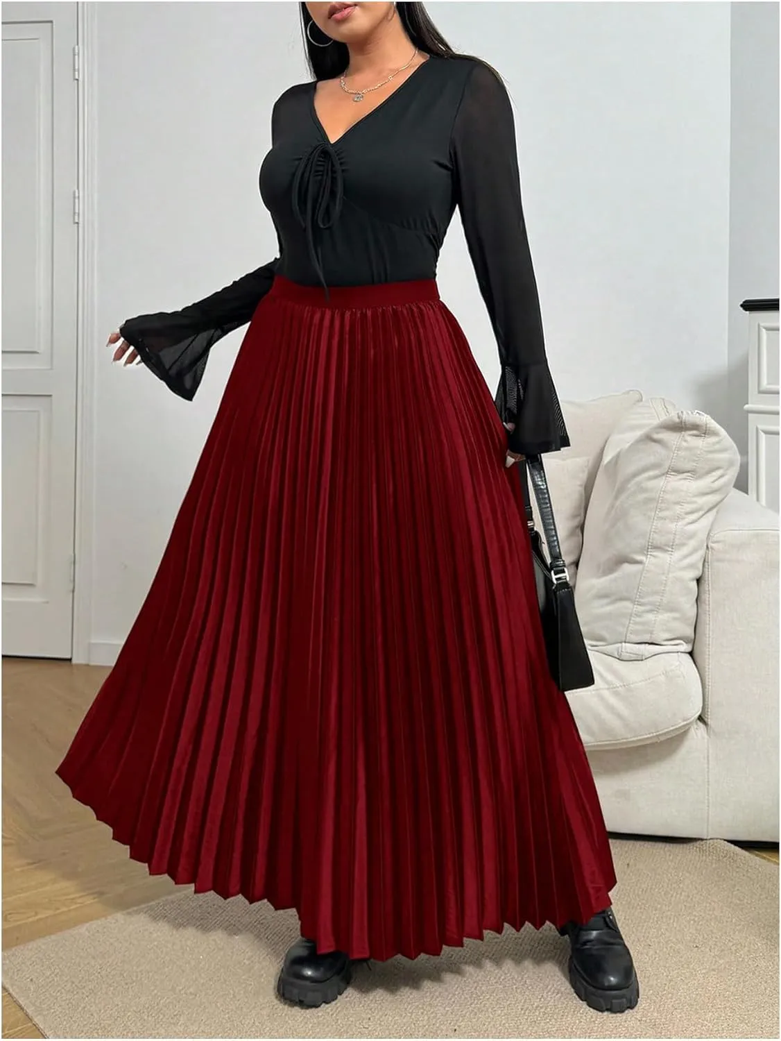 OYOANGLE Women's Plus Size Satin High Waisted Pleated Long Skirt Ruffle Flowy Work Casual Skirts