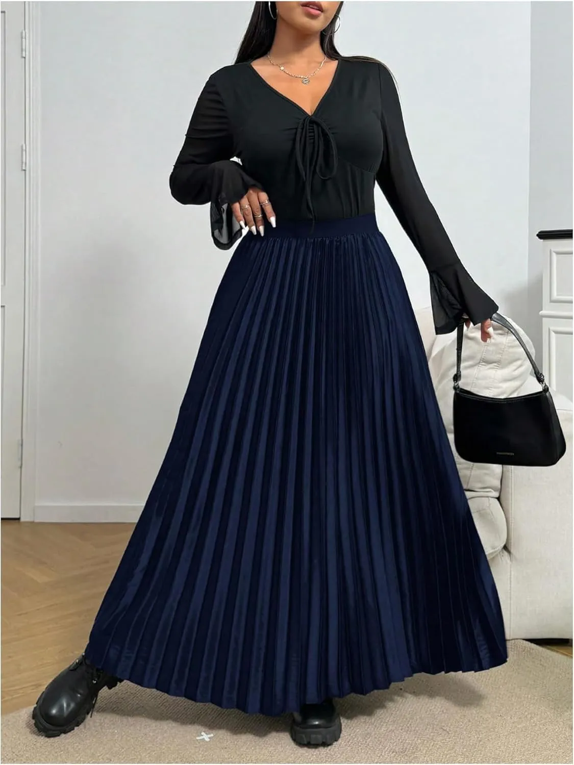 OYOANGLE Women's Plus Size Satin High Waisted Pleated Long Skirt Ruffle Flowy Work Casual Skirts