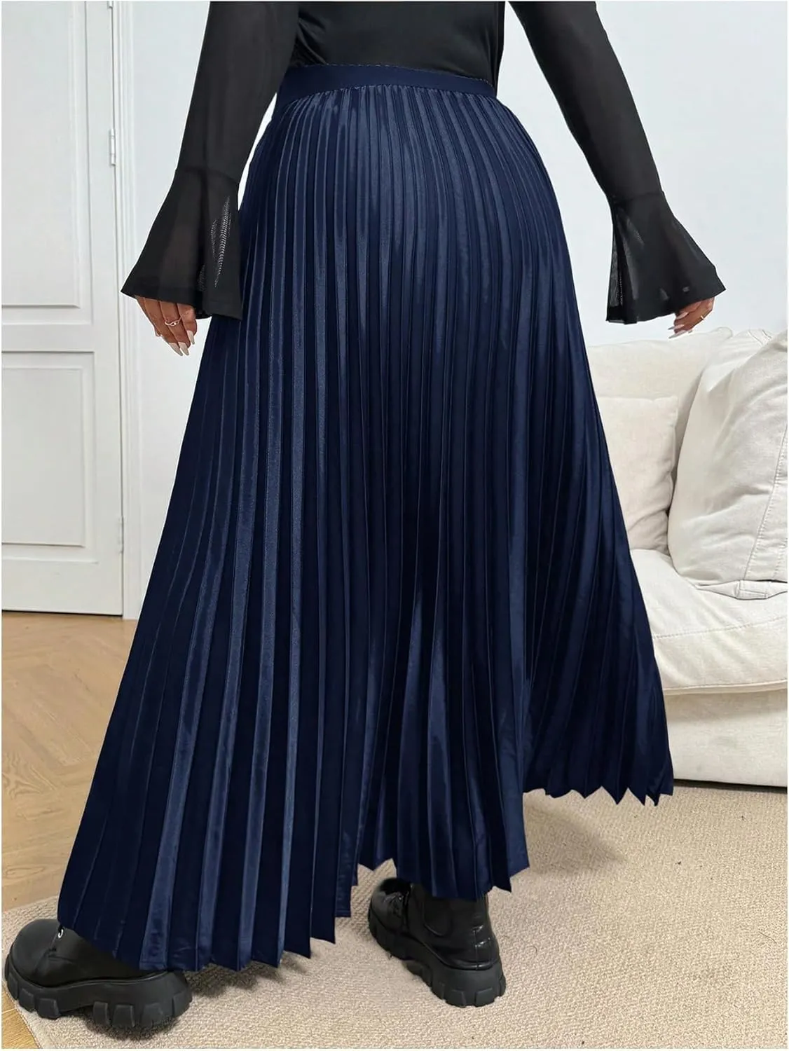 OYOANGLE Women's Plus Size Satin High Waisted Pleated Long Skirt Ruffle Flowy Work Casual Skirts