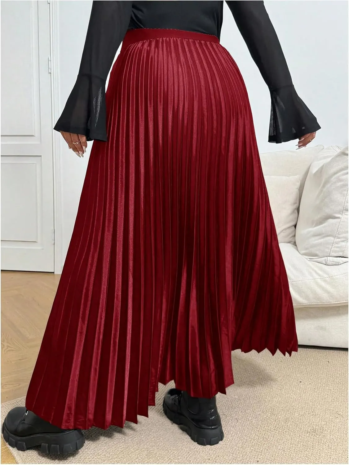 OYOANGLE Women's Plus Size Satin High Waisted Pleated Long Skirt Ruffle Flowy Work Casual Skirts
