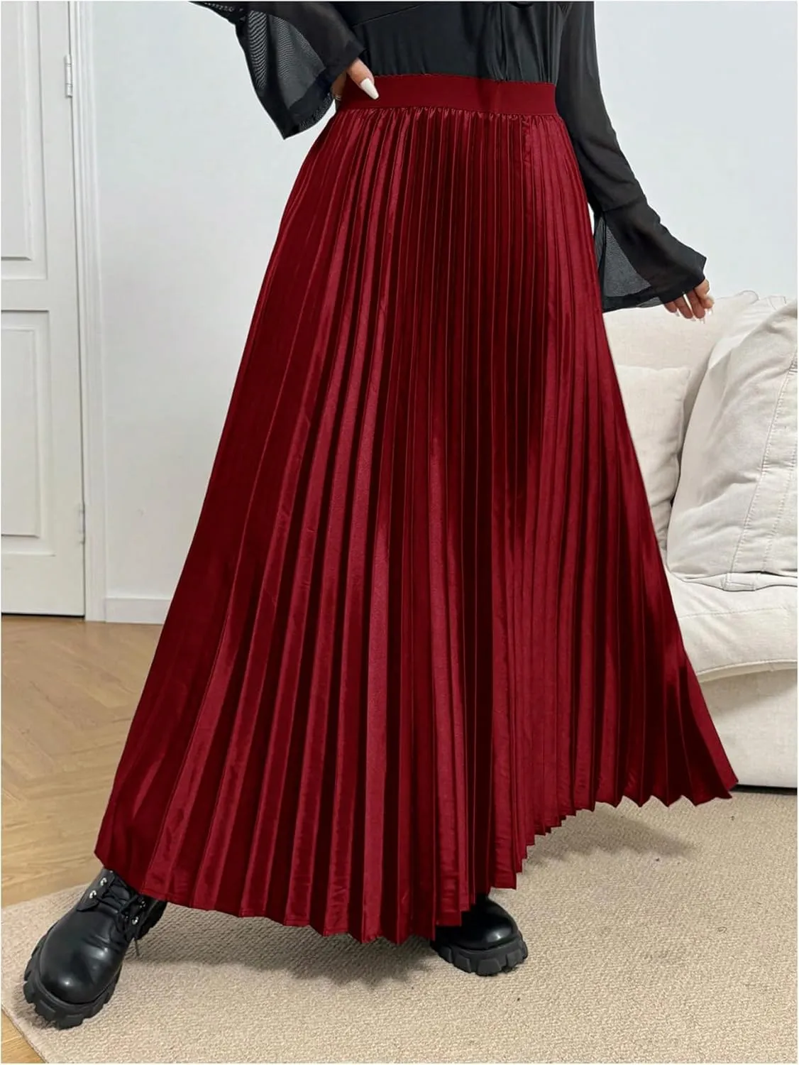 OYOANGLE Women's Plus Size Satin High Waisted Pleated Long Skirt Ruffle Flowy Work Casual Skirts
