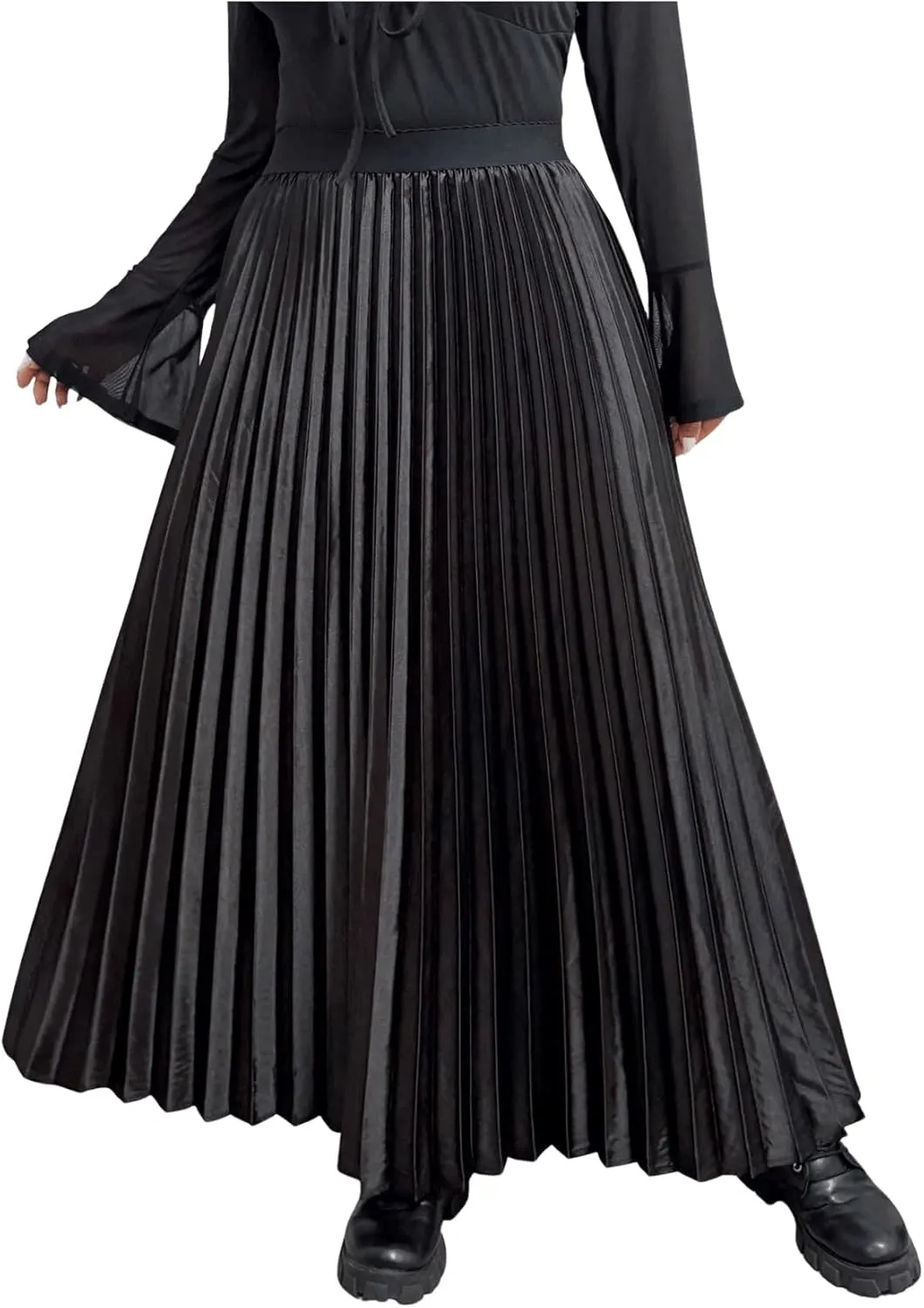 OYOANGLE Women's Plus Size Satin High Waisted Pleated Long Skirt Ruffle Flowy Work Casual Skirts