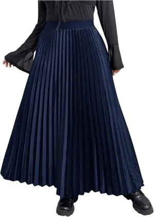 OYOANGLE Women's Plus Size Satin High Waisted Pleated Long Skirt Ruffle Flowy Work Casual Skirts
