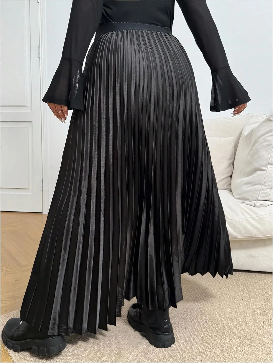 OYOANGLE Women's Plus Size Satin High Waisted Pleated Long Skirt Ruffle Flowy Work Casual Skirts