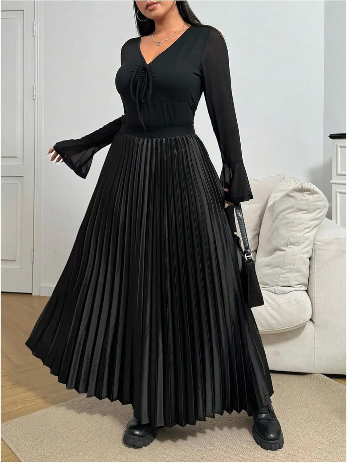 OYOANGLE Women's Plus Size Satin High Waisted Pleated Long Skirt Ruffle Flowy Work Casual Skirts