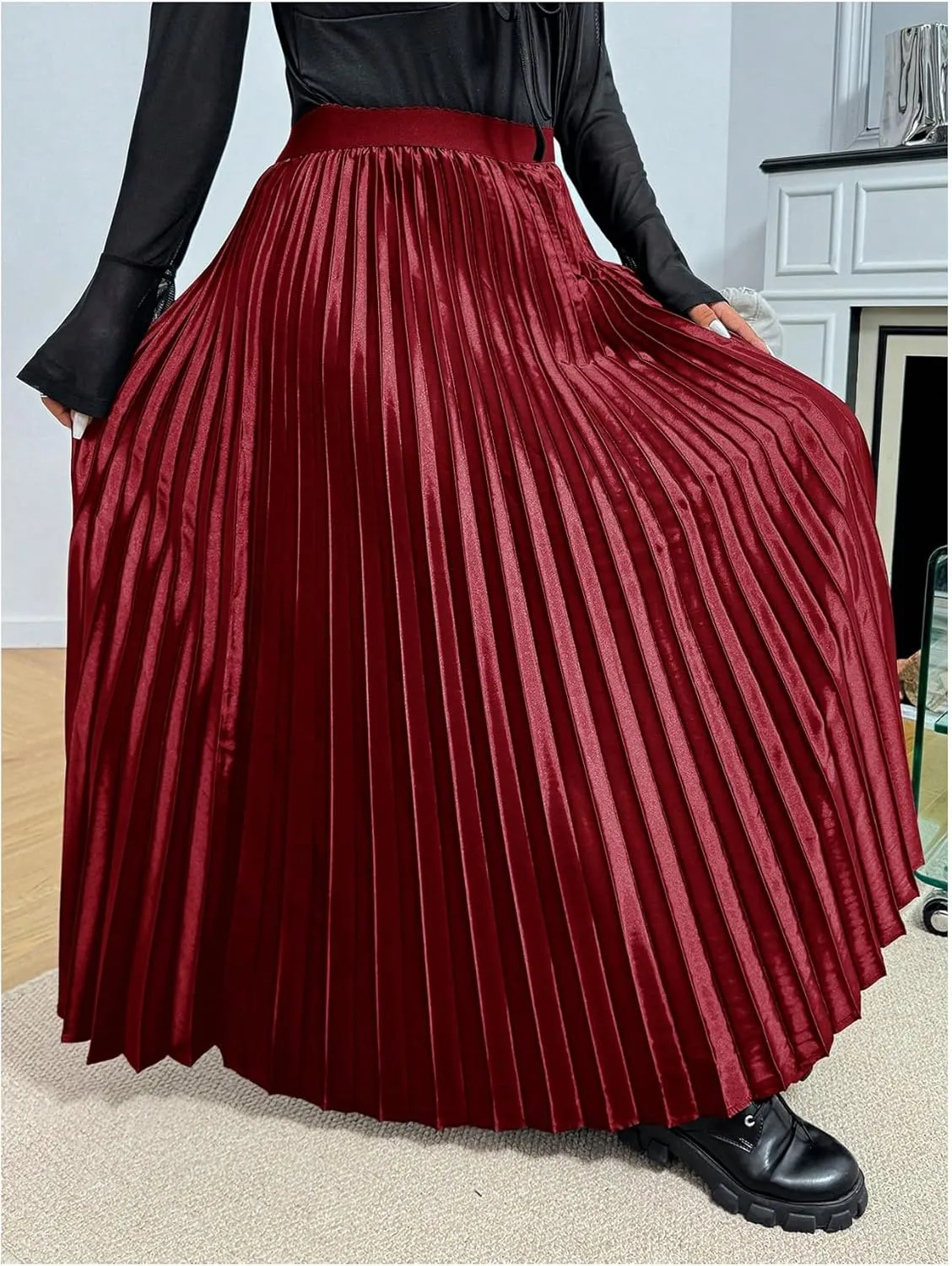 OYOANGLE Women's Plus Size Satin High Waisted Pleated Long Skirt Ruffle Flowy Work Casual Skirts