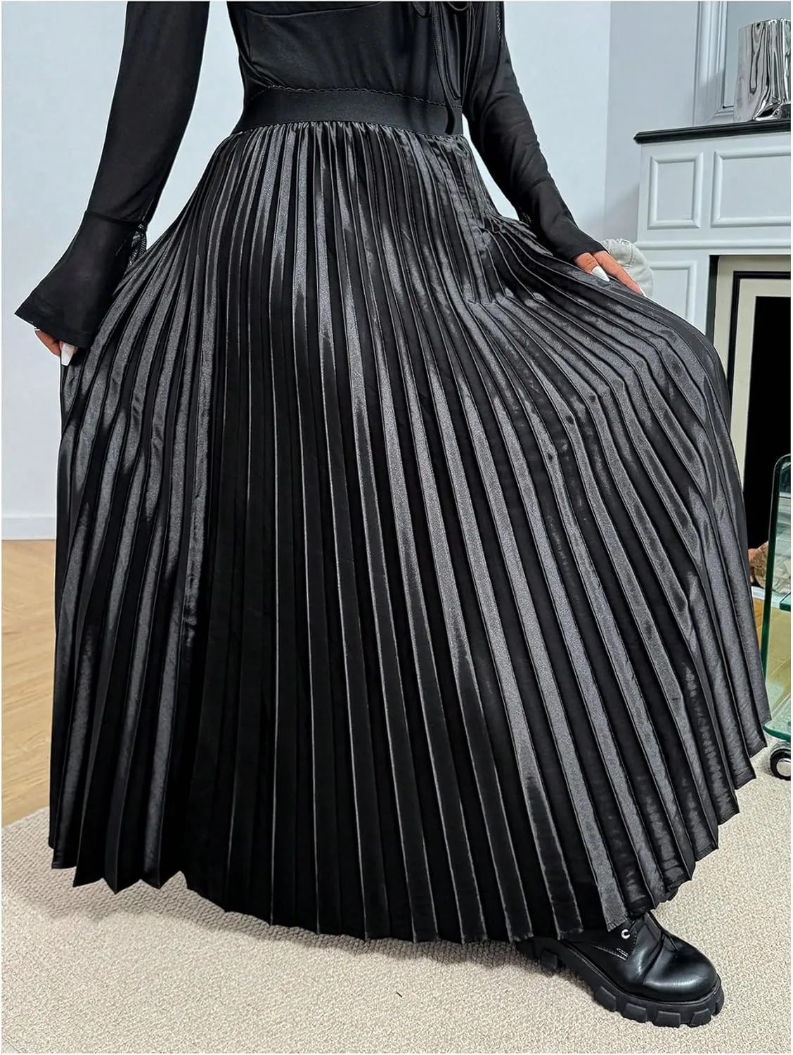 OYOANGLE Women's Plus Size Satin High Waisted Pleated Long Skirt Ruffle Flowy Work Casual Skirts