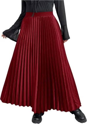 OYOANGLE Women's Plus Size Satin High Waisted Pleated Long Skirt Ruffle Flowy Work Casual Skirts