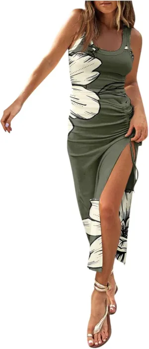PETYCZEN Summer Dresses for Women Sexy Sleeveless Side Slit Bodycon Maxi Dress Casual Ruched Ribbed Knit Tank Beach Sun Dress