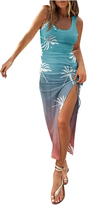PETYCZEN Summer Dresses for Women Sexy Sleeveless Side Slit Bodycon Maxi Dress Casual Ruched Ribbed Knit Tank Beach Sun Dress