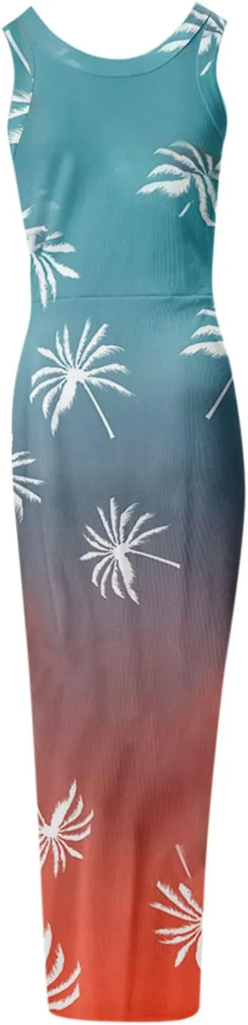 PETYCZEN Summer Dresses for Women Sexy Sleeveless Side Slit Bodycon Maxi Dress Casual Ruched Ribbed Knit Tank Beach Sun Dress